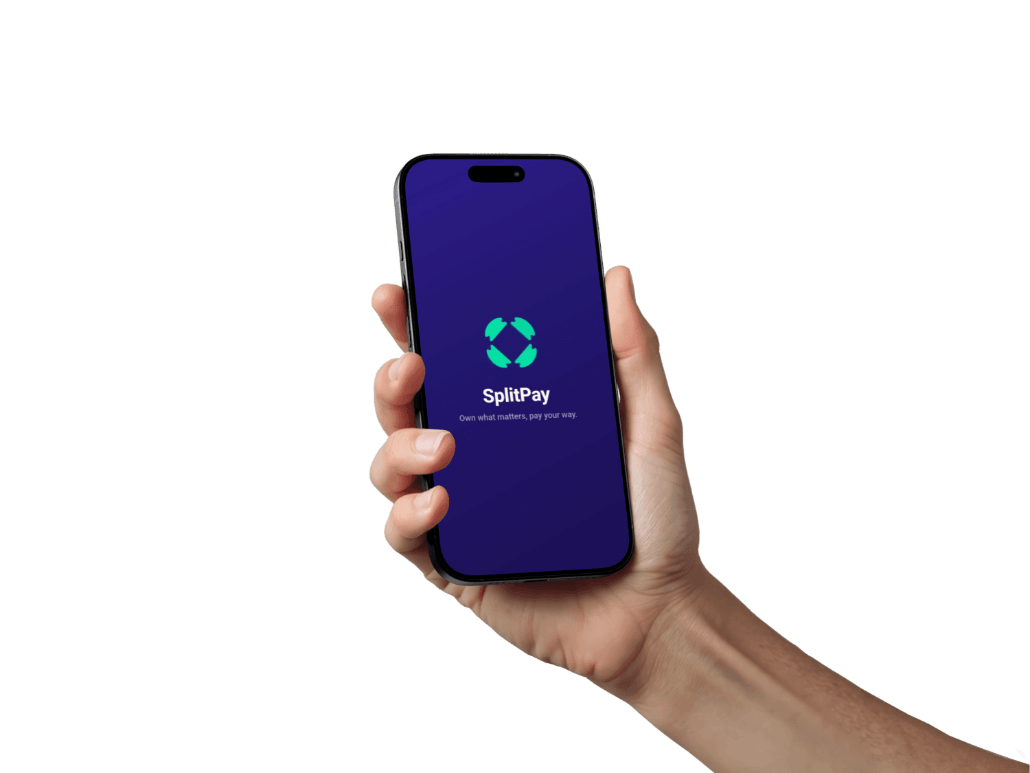 Hand holding a phone with the SplitPay app showing an instalment plan