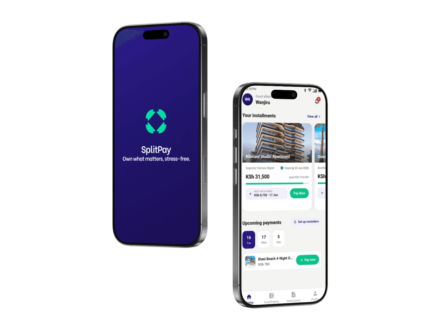 Phones showing the SplitPay app home and statement screens